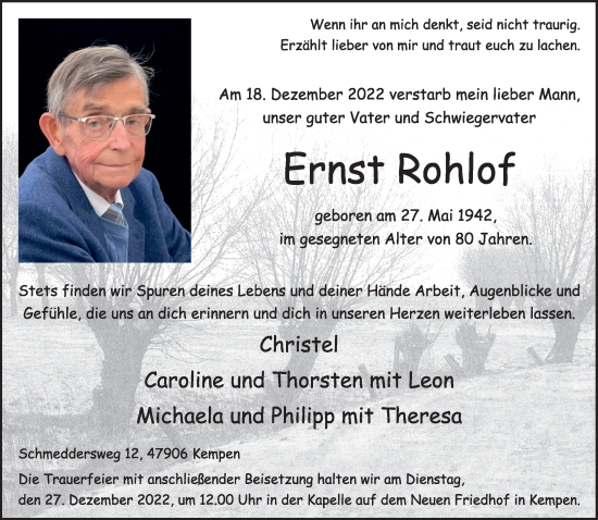 Traueranzeige von Ernst Rohlof von Rheinische Post