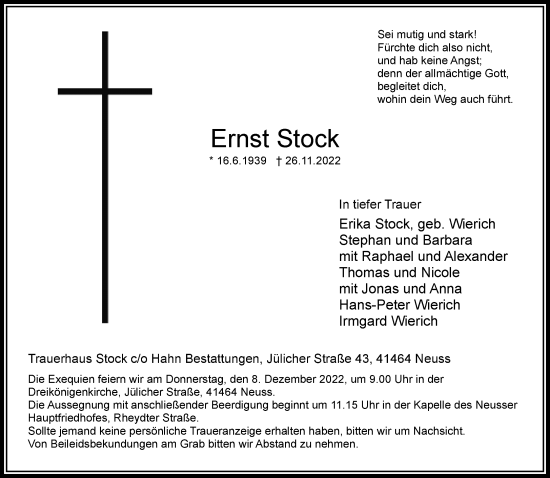 Traueranzeige von Ernst Stock von Rheinische Post
