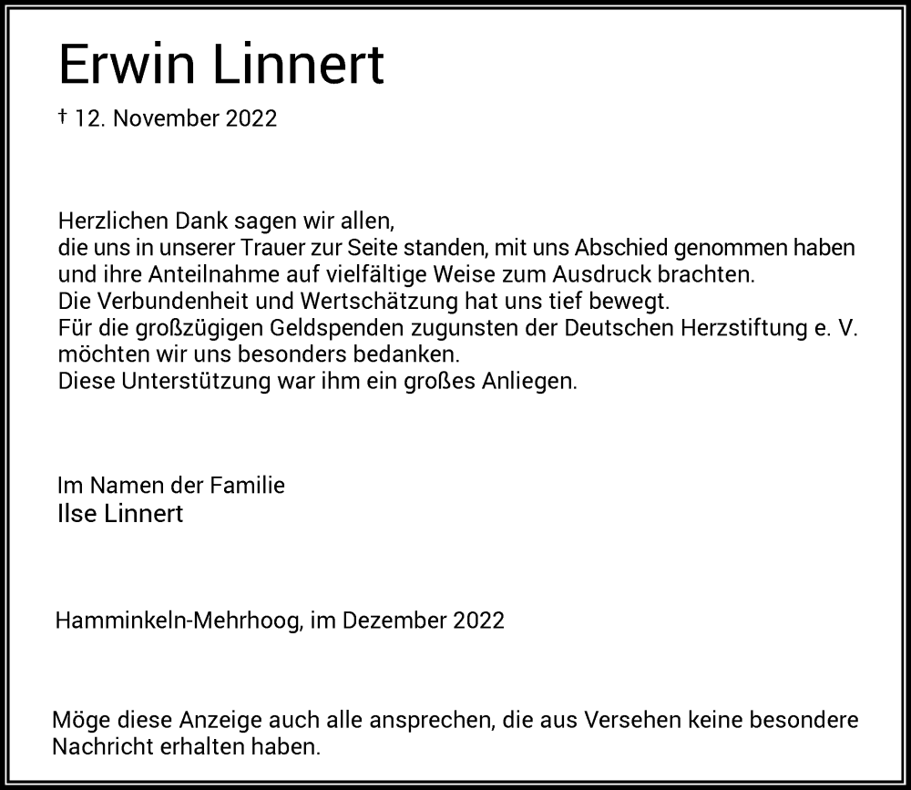  Traueranzeige für Erwin Linnert vom 31.12.2022 aus Rheinische Post