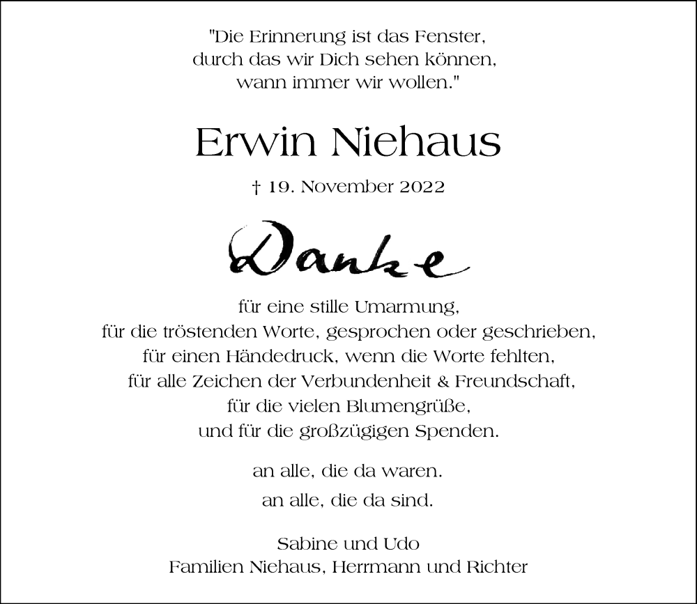  Traueranzeige für Erwin Niehaus vom 07.01.2023 aus Rheinische Post