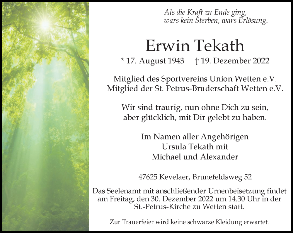  Traueranzeige für Erwin Tekath vom 24.12.2022 aus Rheinische Post
