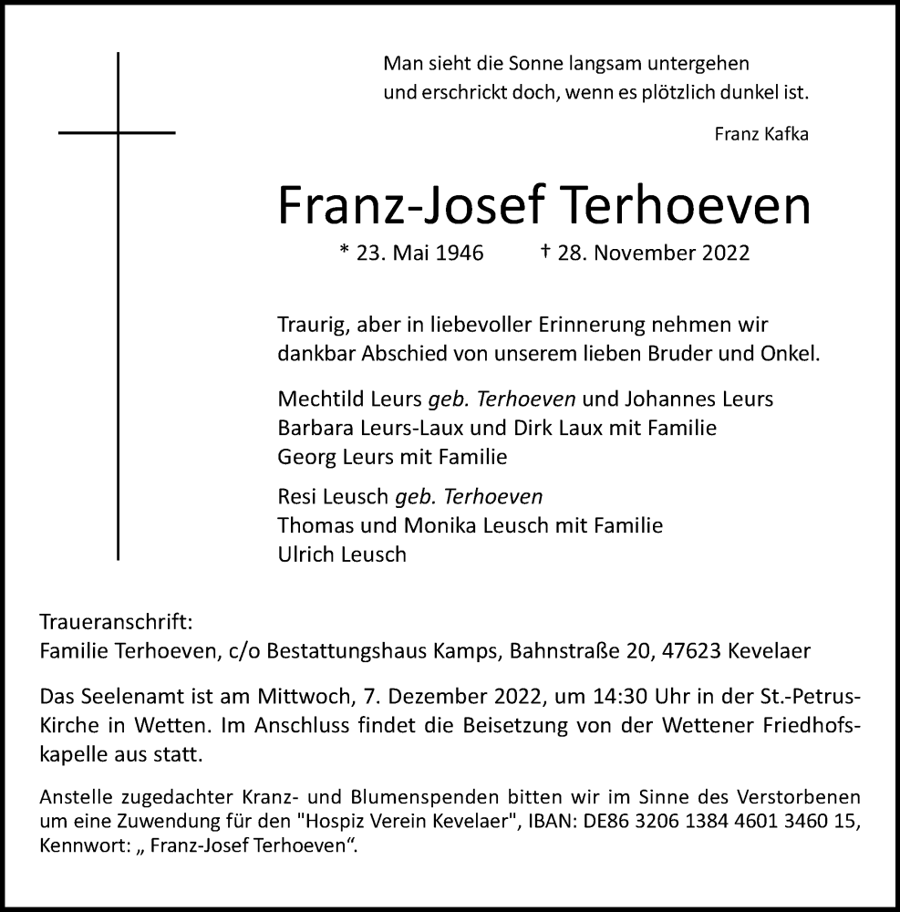  Traueranzeige für Franz-Josef Terhoeven vom 03.12.2022 aus Rheinische Post