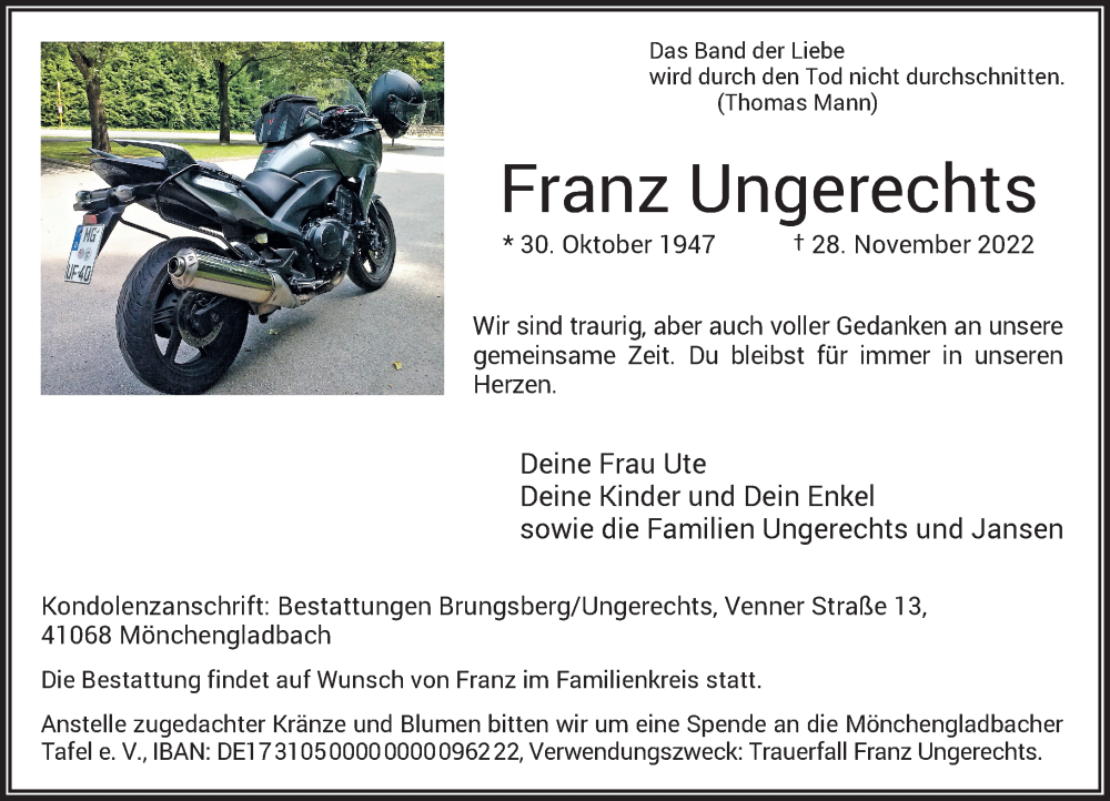  Traueranzeige für Franz Ungerechts vom 10.12.2022 aus Rheinische Post