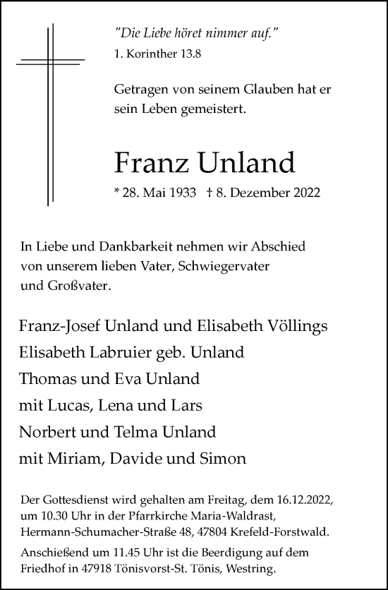 Traueranzeige von Franz Unland von Rheinische Post