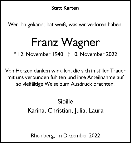 Traueranzeige von Franz Wagner von Rheinische Post