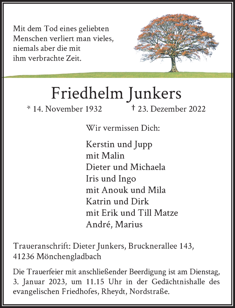  Traueranzeige für Friedhelm Junkers vom 31.12.2022 aus Rheinische Post