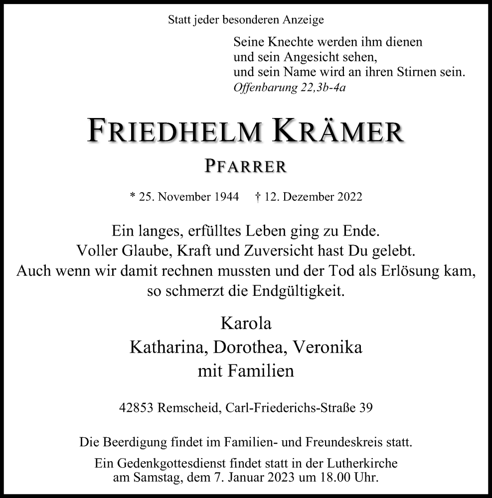  Traueranzeige für Friedhelm Krämer vom 17.12.2022 aus Rheinische Post