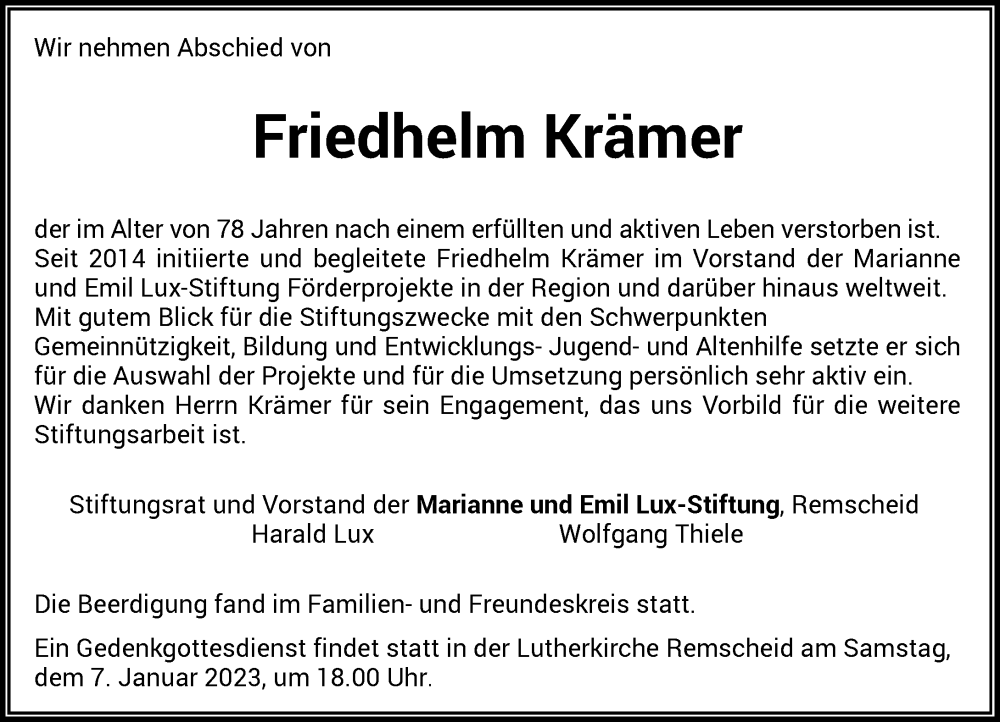  Traueranzeige für Friedhelm Krämer vom 24.12.2022 aus Rheinische Post