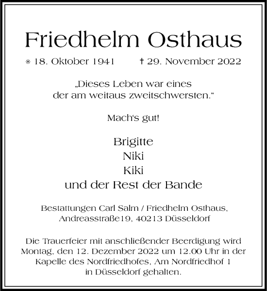 Traueranzeige von Friedhelm Osthaus von Rheinische Post