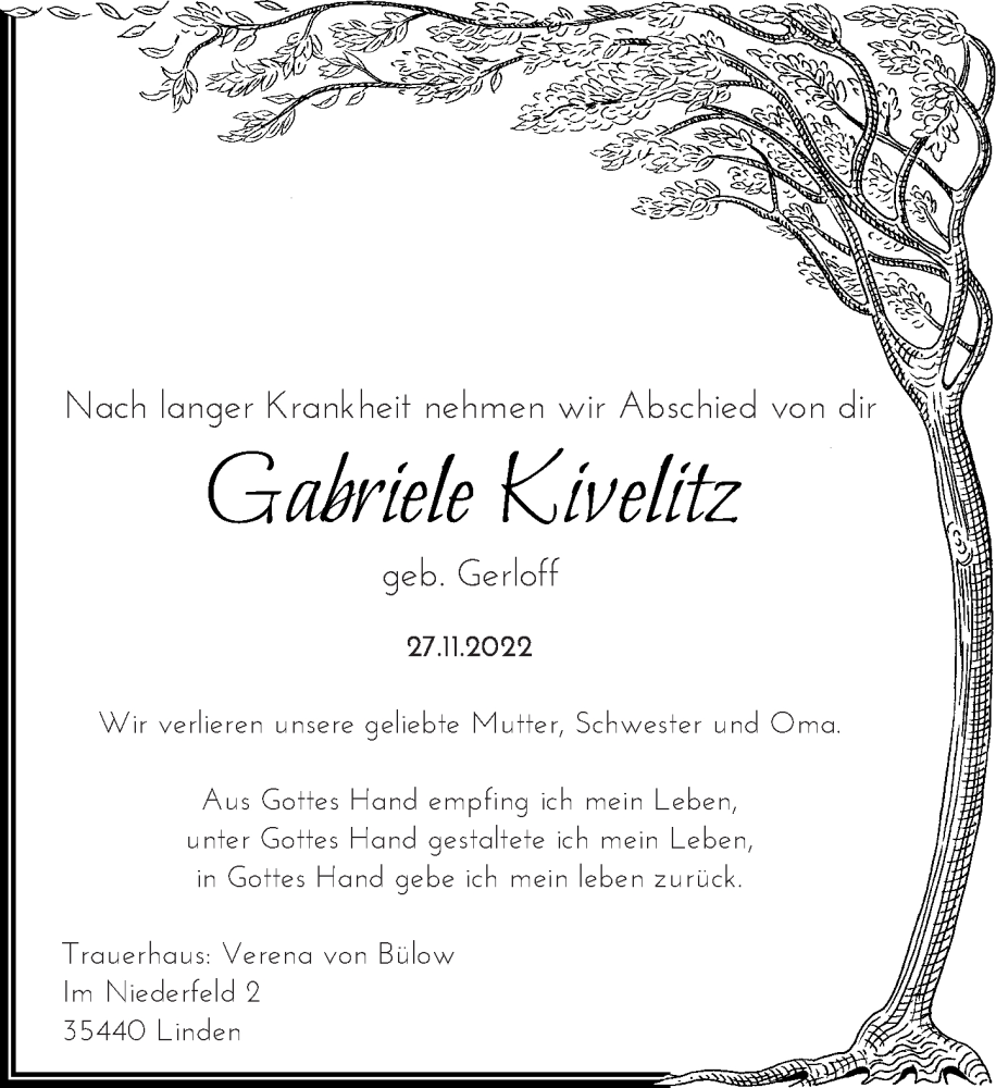  Traueranzeige für Gabriele Kivelitz vom 02.12.2022 aus Rheinische Post