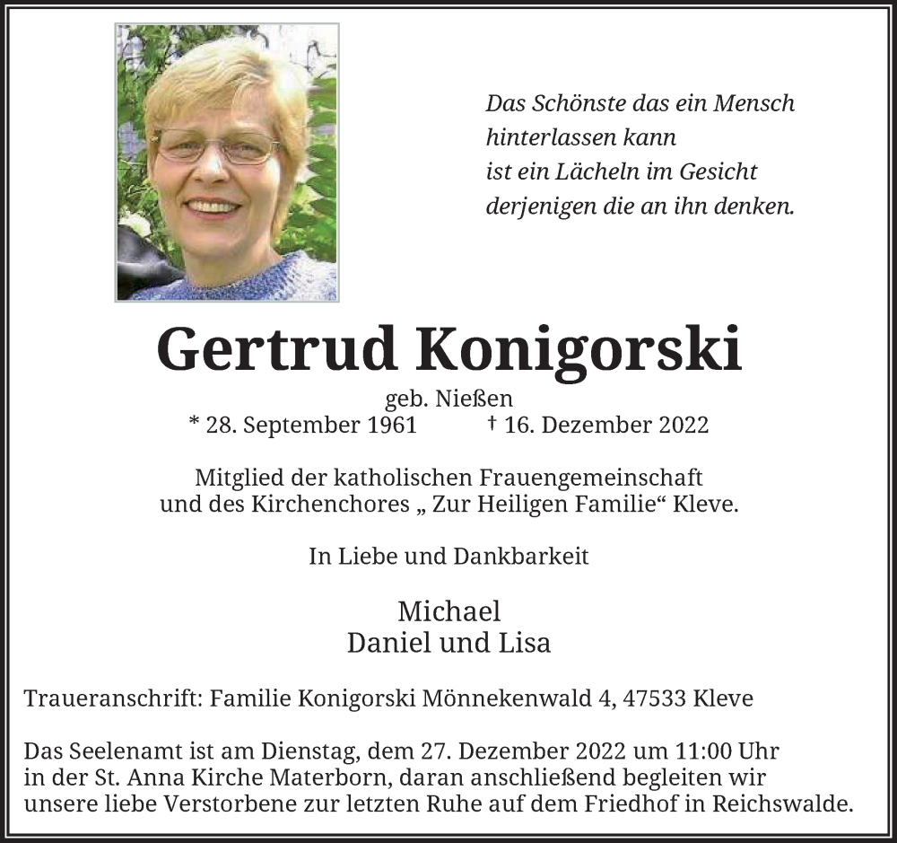  Traueranzeige für Gertrud Konigorski vom 21.12.2022 aus Rheinische Post