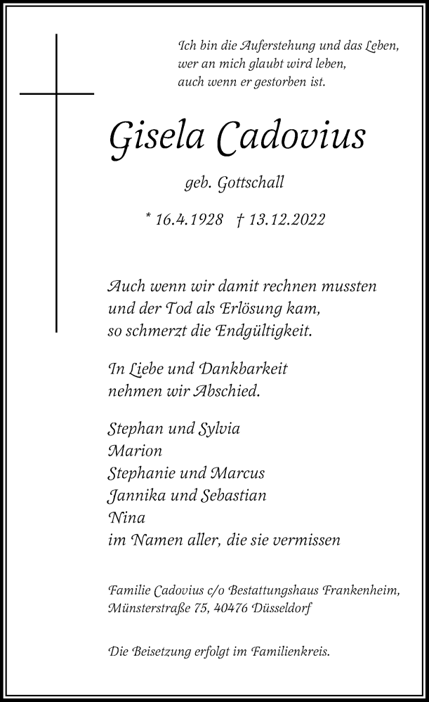  Traueranzeige für Gisela Cadovius vom 17.12.2022 aus Rheinische Post