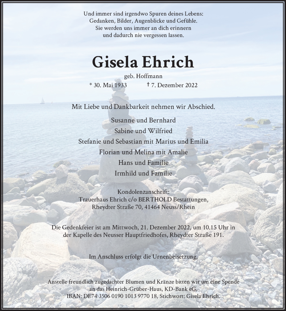  Traueranzeige für Gisela Ehrich vom 17.12.2022 aus Rheinische Post