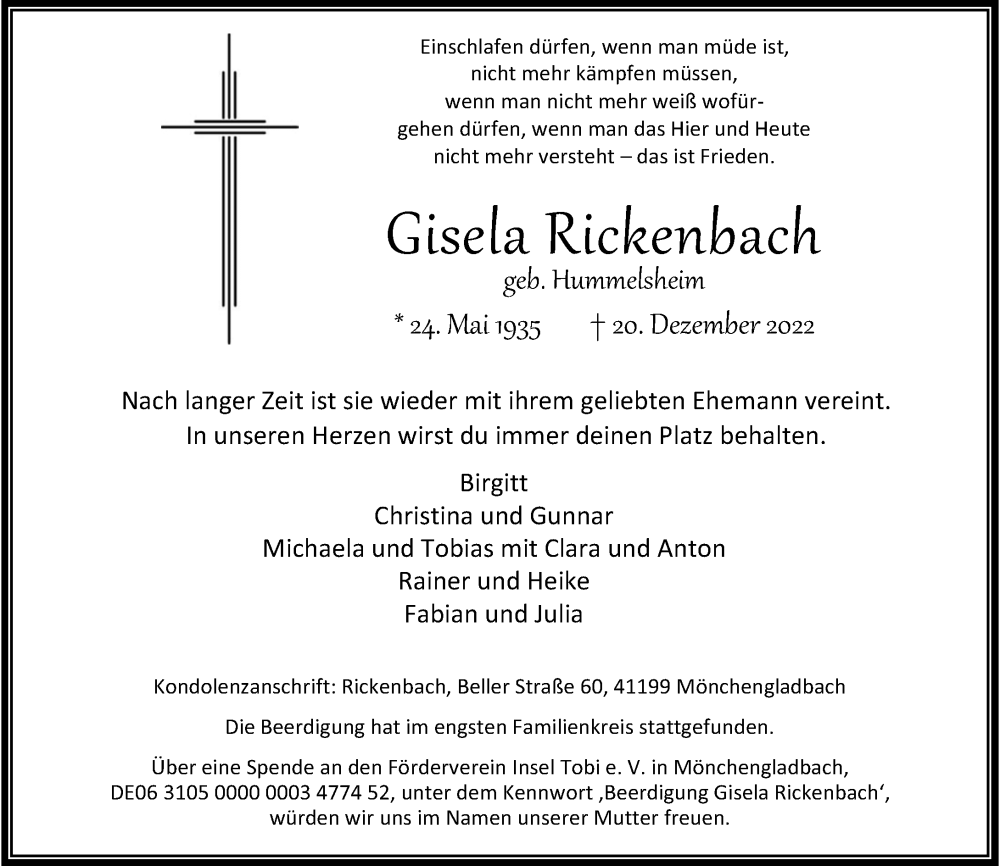  Traueranzeige für Gisela Rickenbach vom 31.12.2022 aus Rheinische Post