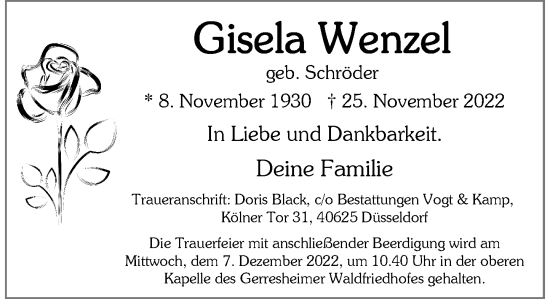 Traueranzeige von Gisela Wenzel von Rheinische Post