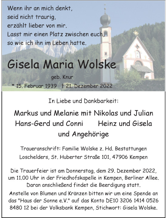 Traueranzeige von Gisela Maria Wolske von Rheinische Post