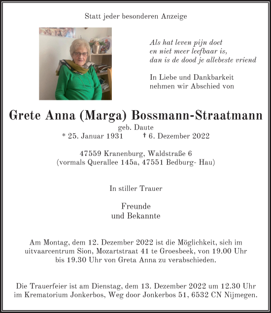 Traueranzeige von Grete Anna Bossmann-Straatmann von Rheinische Post
