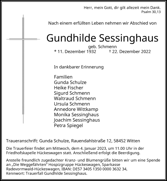 Traueranzeige von Gundhilde Sessinghaus von Rheinische Post