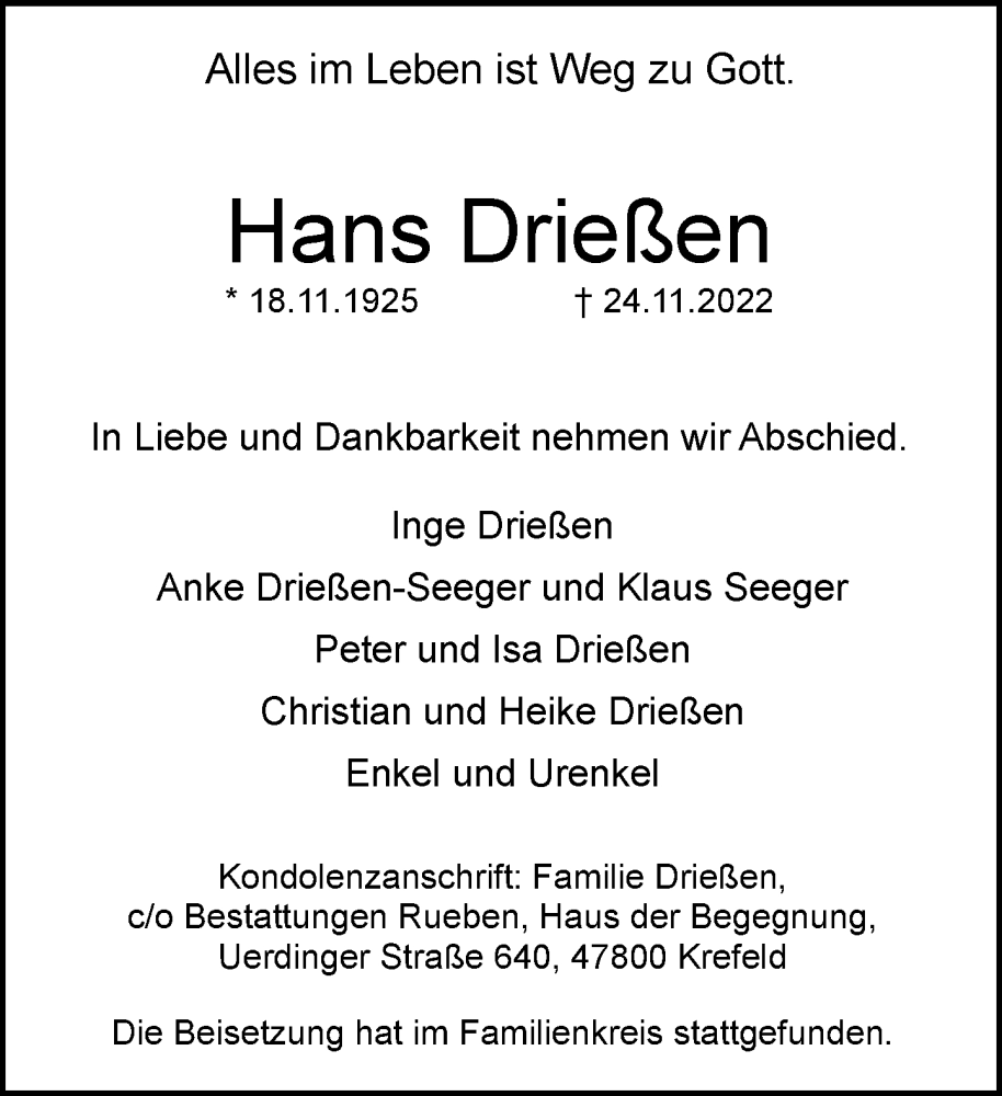  Traueranzeige für Hans Drießen vom 03.12.2022 aus Rheinische Post