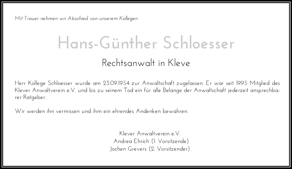  Traueranzeige für Hans-Günther Schloesser vom 15.12.2022 aus Rheinische Post