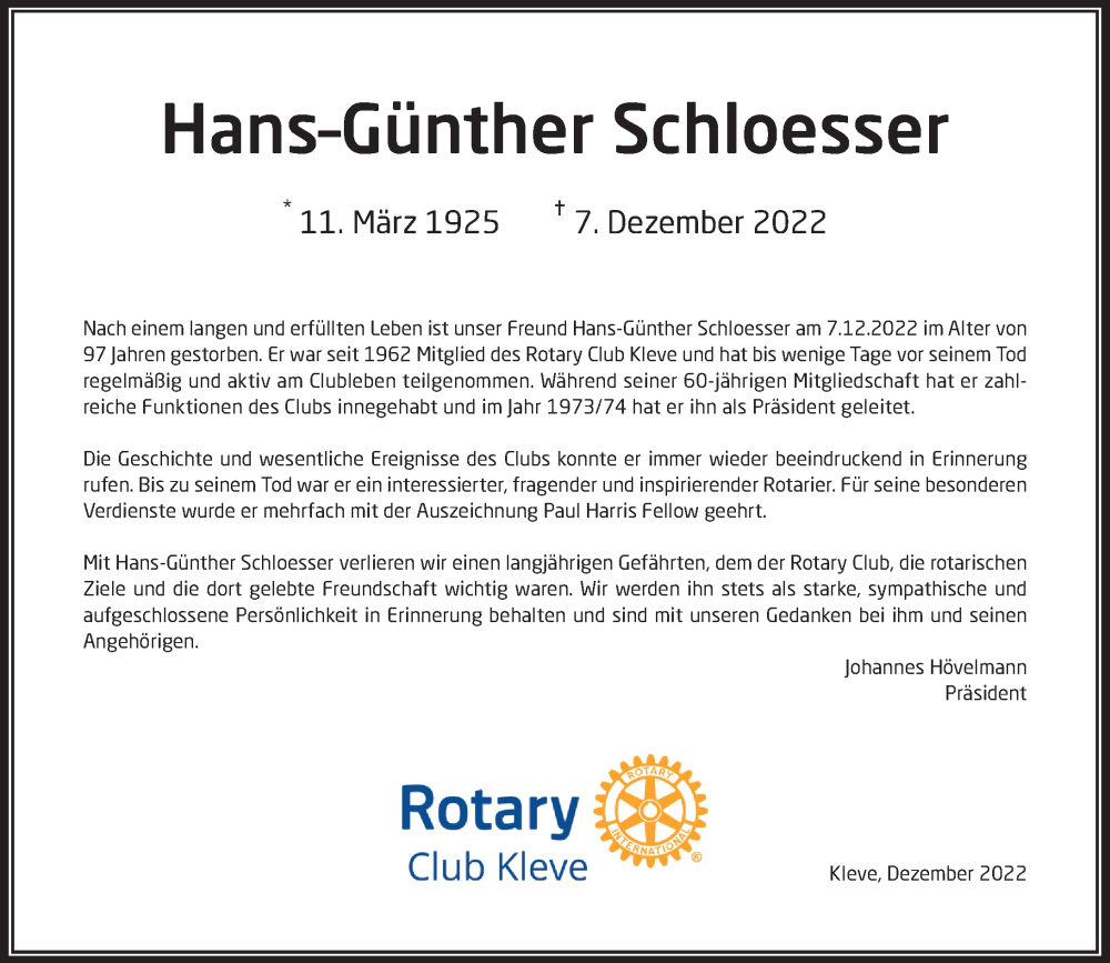  Traueranzeige für Hans-Günther Schloesser vom 17.12.2022 aus Rheinische Post