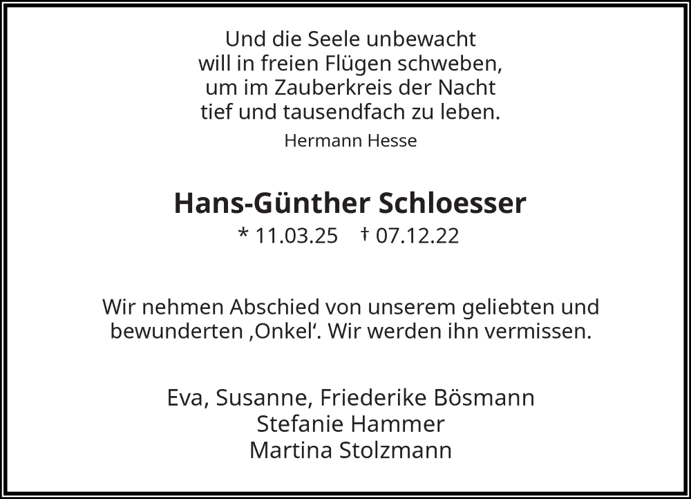  Traueranzeige für Hans-Günther Schloesser vom 14.12.2022 aus Rheinische Post