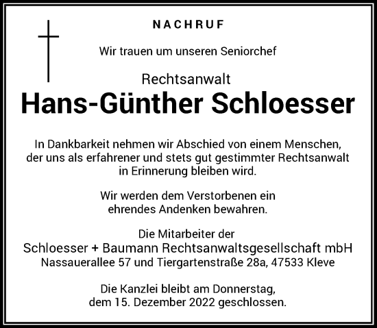 Traueranzeige von Hans-Günther Schloesser von Rheinische Post