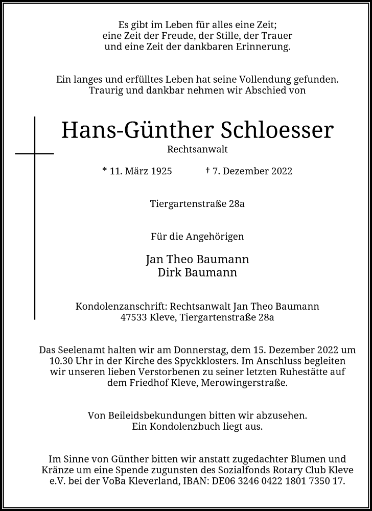 Traueranzeige für Hans-Günther Schloesser vom 10.12.2022 aus Rheinische Post