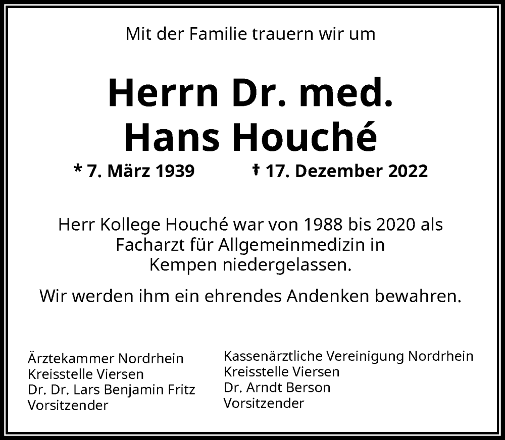  Traueranzeige für Hans Houché vom 24.12.2022 aus Rheinische Post