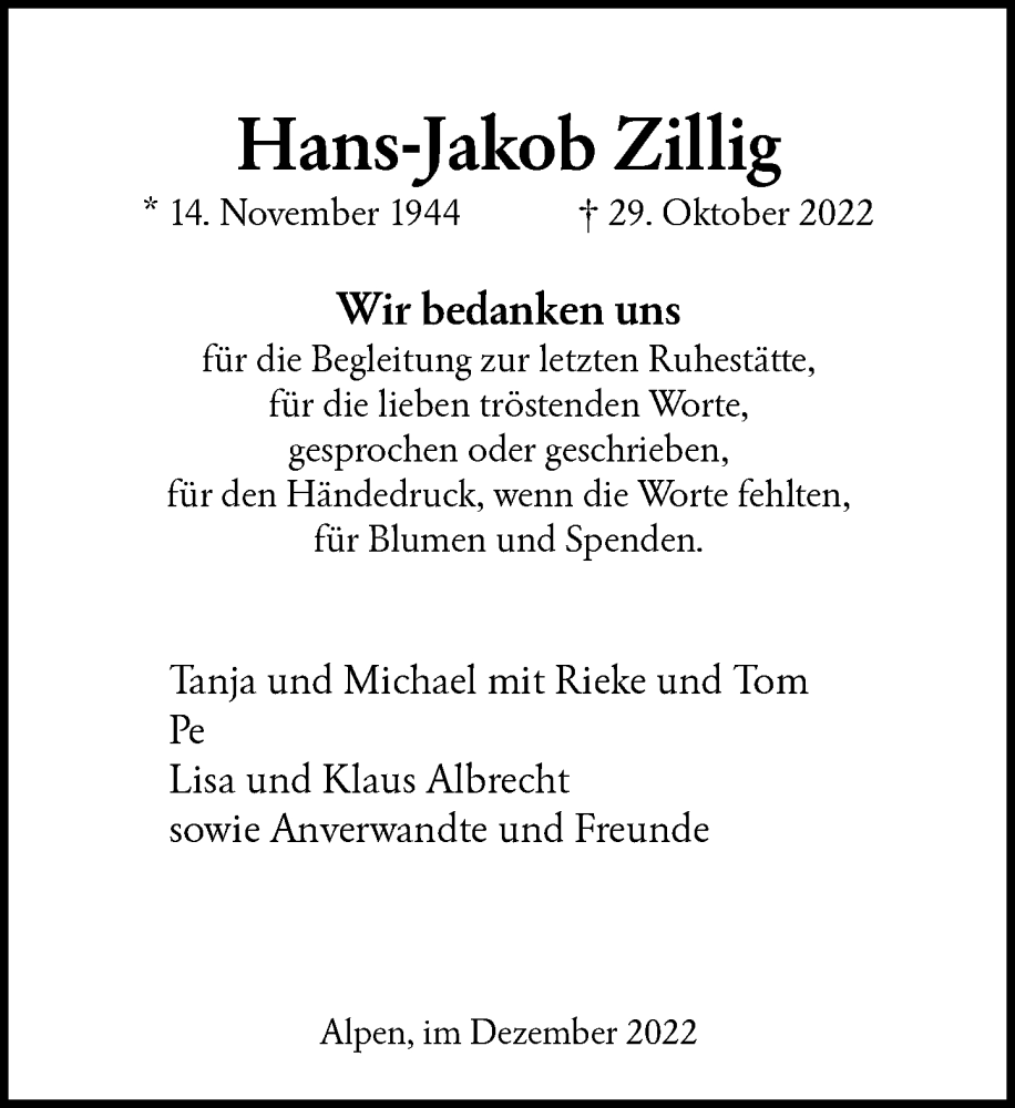  Traueranzeige für Hans-Jakob Zillig vom 10.12.2022 aus Rheinische Post