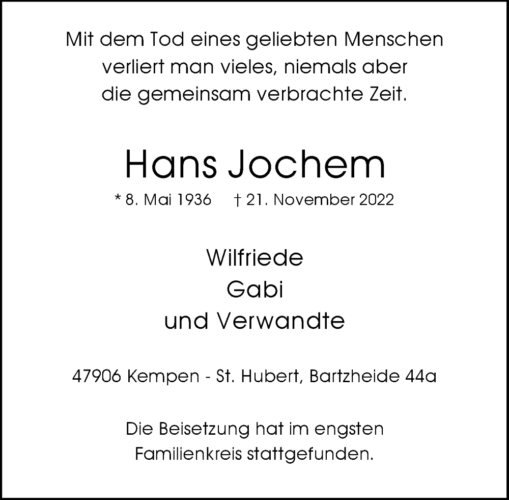 Traueranzeige für Hans Jochem vom 03.12.2022 aus Rheinische Post