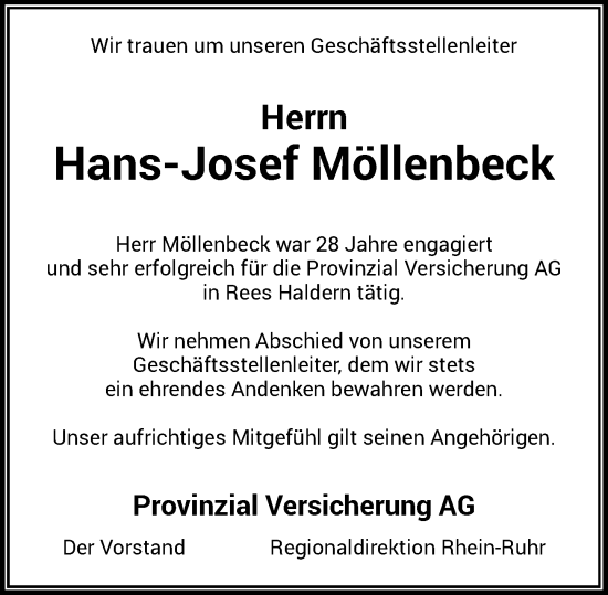 Traueranzeige von Hans-Josef Möllenbeck von Rheinische Post