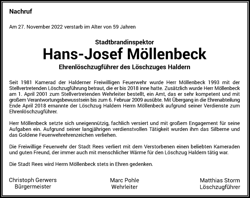  Traueranzeige für Hans-Josef Möllenbeck vom 03.12.2022 aus Rheinische Post