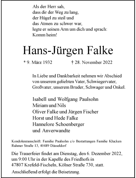 Traueranzeige von Hans-Jürgen Falke von Rheinische Post