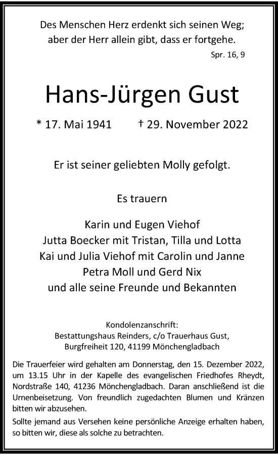 Traueranzeige von Hans-Jürgen Gust von Rheinische Post