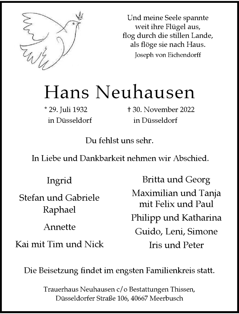  Traueranzeige für Hans Neuhausen vom 03.12.2022 aus Rheinische Post