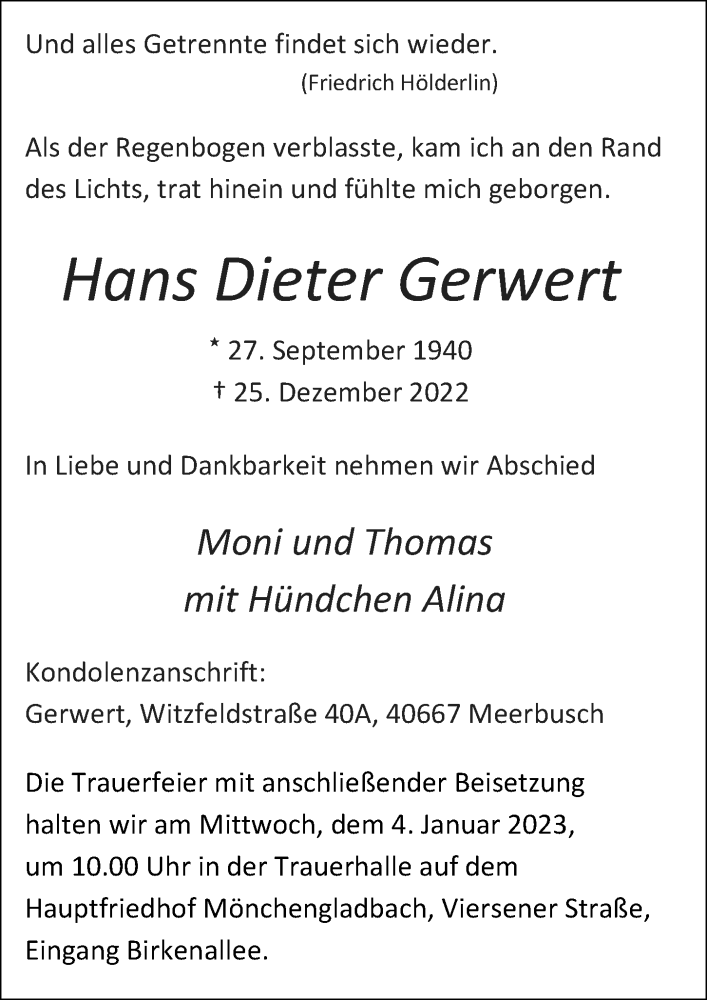  Traueranzeige für Hans Dieter Gerwert vom 31.12.2022 aus Rheinische Post