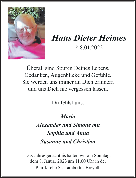 Traueranzeige von Hans Dieter Heimes von Rheinische Post