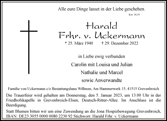 Traueranzeige von Harald Frhr. v. Uckermann von Rheinische Post