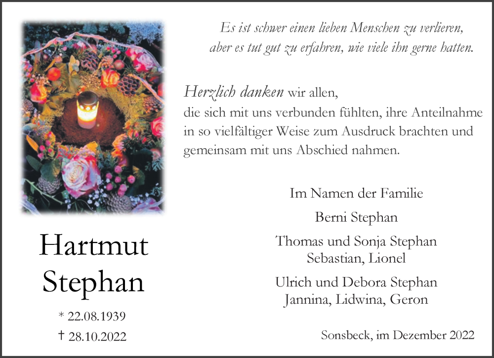 Traueranzeige für Hartmut Stephan vom 10.12.2022 aus Rheinische Post