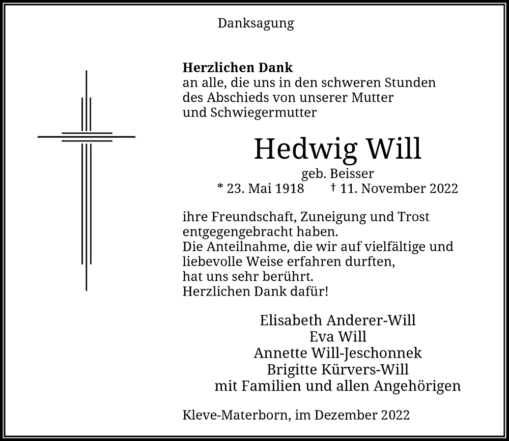  Traueranzeige für Hedwig Will vom 17.12.2022 aus Rheinische Post
