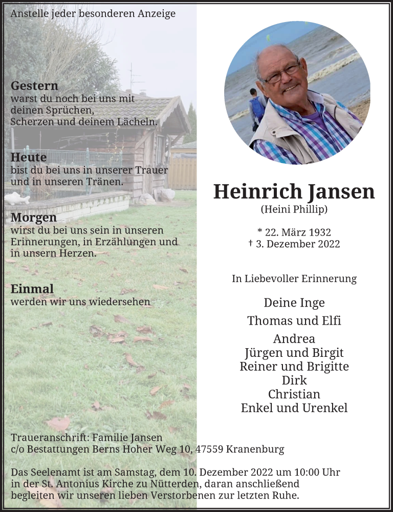  Traueranzeige für Heinrich Jansen vom 06.12.2022 aus Rheinische Post