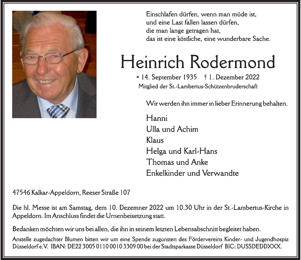  Traueranzeige für Heinrich Rodermond vom 03.12.2022 aus Rheinische Post