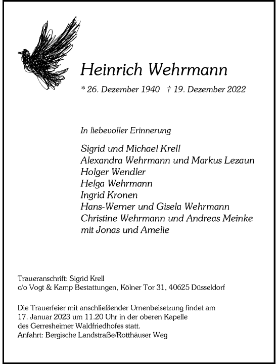 Traueranzeige von Heinrich Wehrmann von Rheinische Post