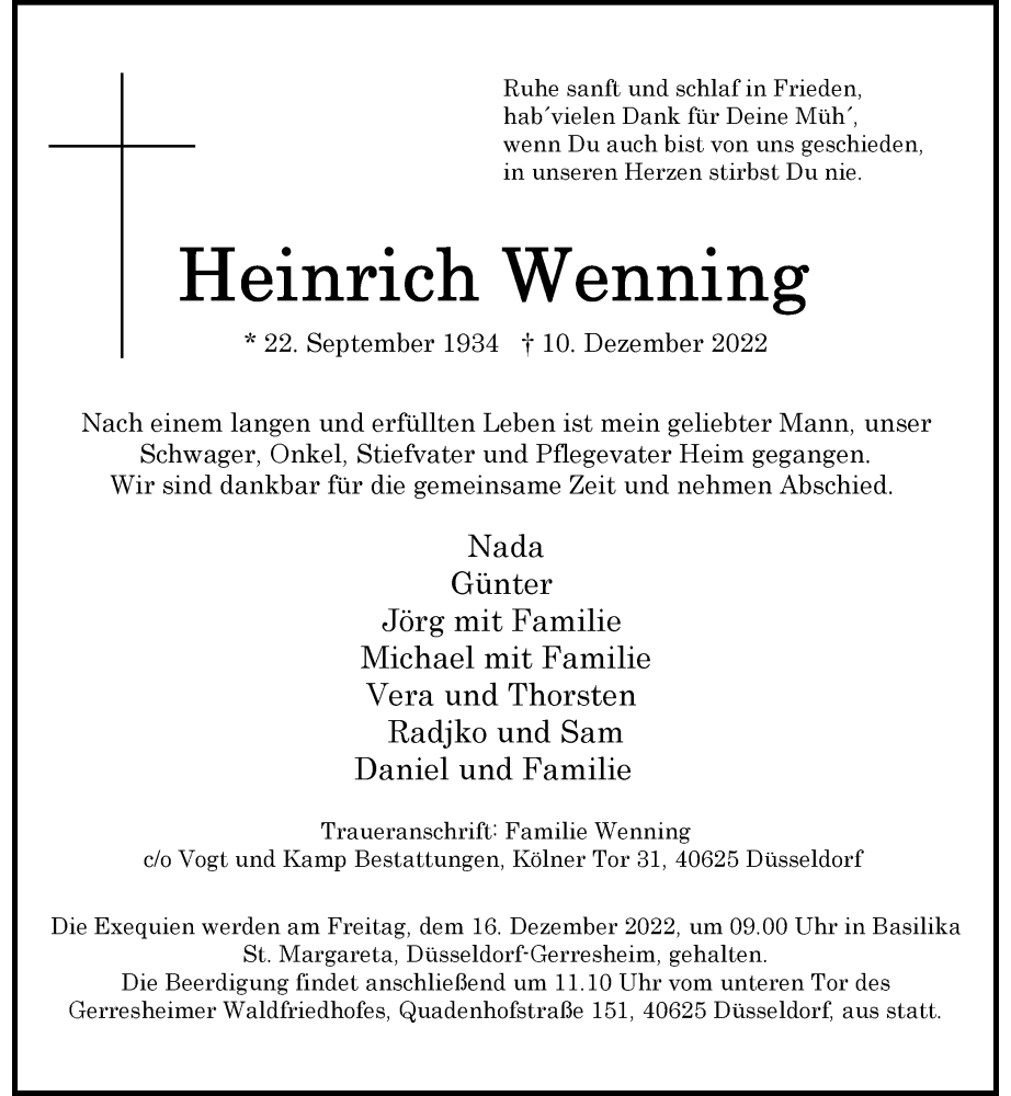  Traueranzeige für Heinrich Wenning vom 14.12.2022 aus Rheinische Post