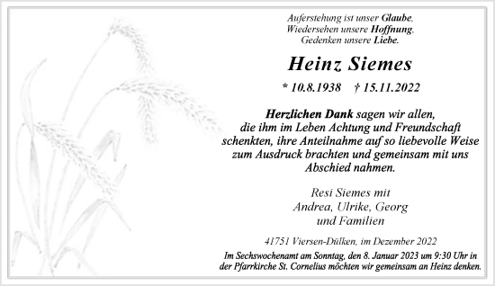 Traueranzeige von Heinz Siemes von Rheinische Post