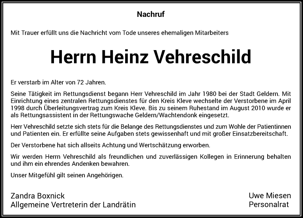  Traueranzeige für Heinz Vehreschild vom 08.12.2022 aus Rheinische Post