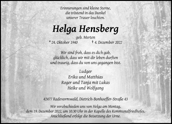 Traueranzeige von Helga Hensberg von Rheinische Post