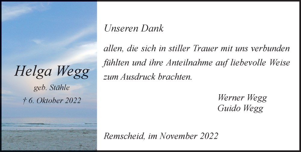  Traueranzeige für Helga Wegg vom 03.12.2022 aus Rheinische Post