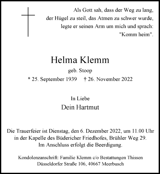 Traueranzeige von Helma Klemm von Rheinische Post